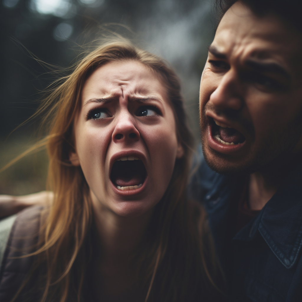a screaming woman being calmed down by a man