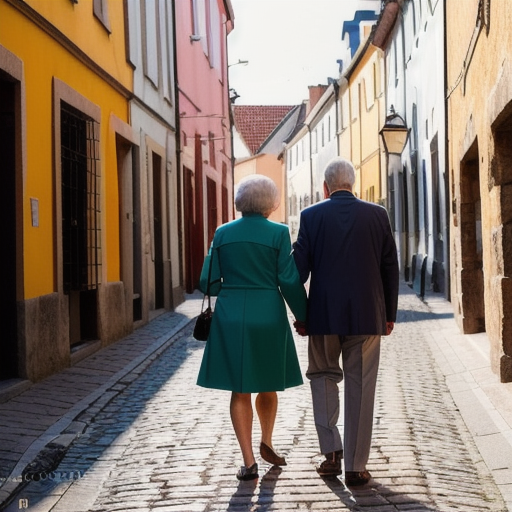 an old man and woman walking down a pebbled street