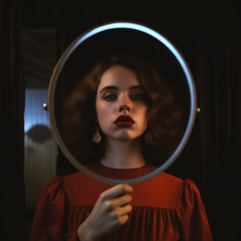 a girl wearing makeup in front of the mirror