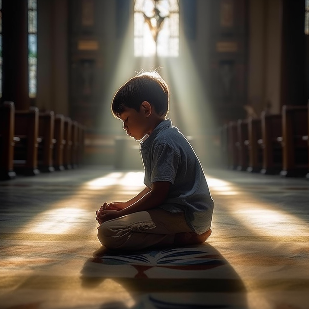 a photo of a Christian boy in pray in a church