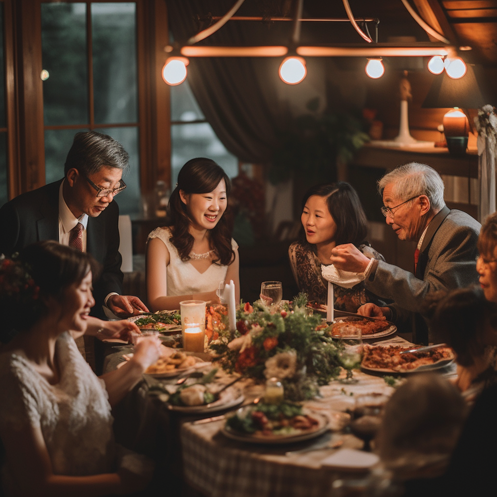 a bride and her in laws sharing a meal