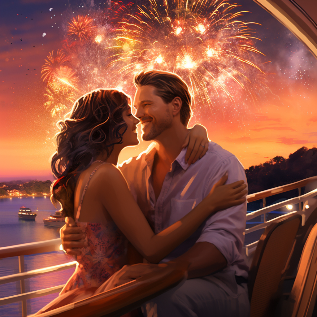 a man and a woman on a date with fireworks in the sky