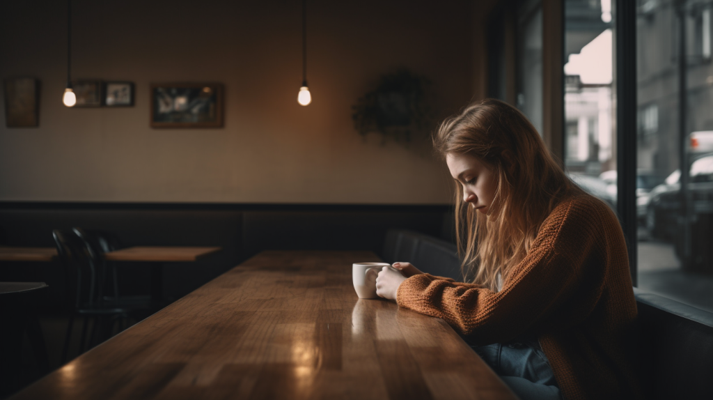 a young woman sitting alone at a table in a cafe