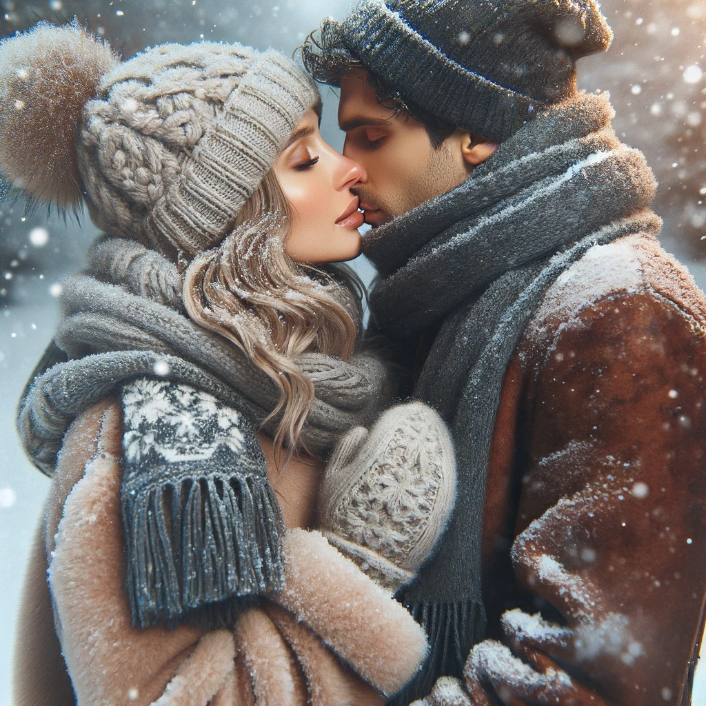 A cozy winter moment where a woman, wearing a warm winter coat and knitted hat, is kissing a man in a thick scarf and jacket.