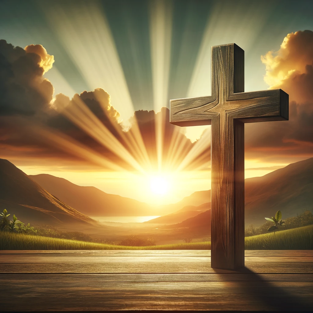 A wooden cross with a scenic background of a sunrise, symbolizing hope and resurrection in the Christian faith.