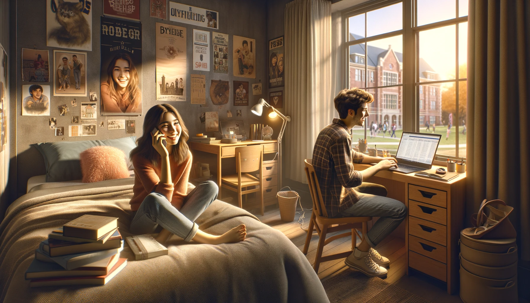 A college dorm room decorated with posters, a small bed, a desk with a laptop and books, and a cozy chair.
