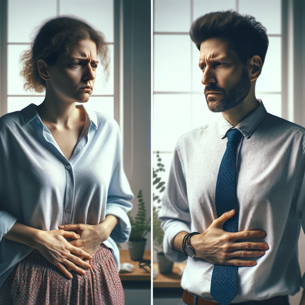 A realistic split image portraying PMS symptoms in women and men.