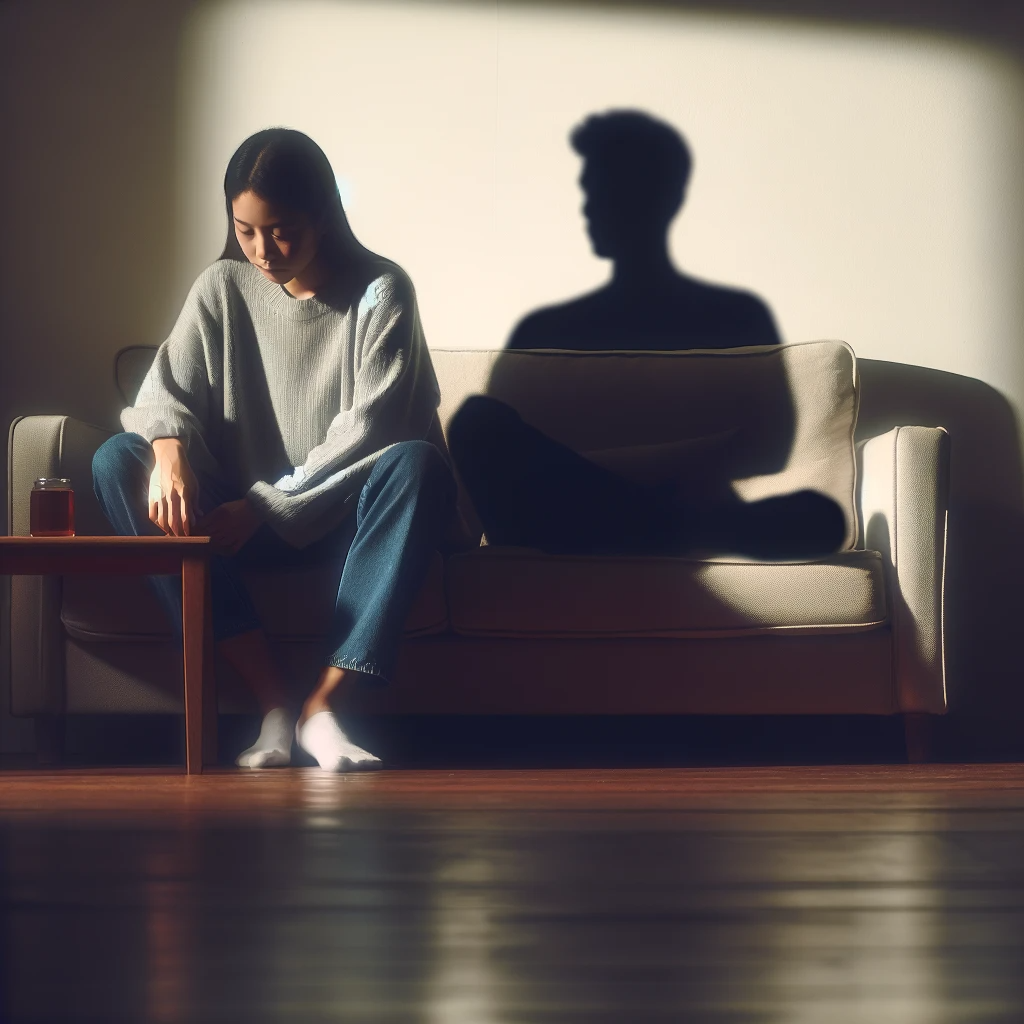 An image depicting a couple sitting together but with a shadow cast over one of them, symbolizing suspicion in the relationship.