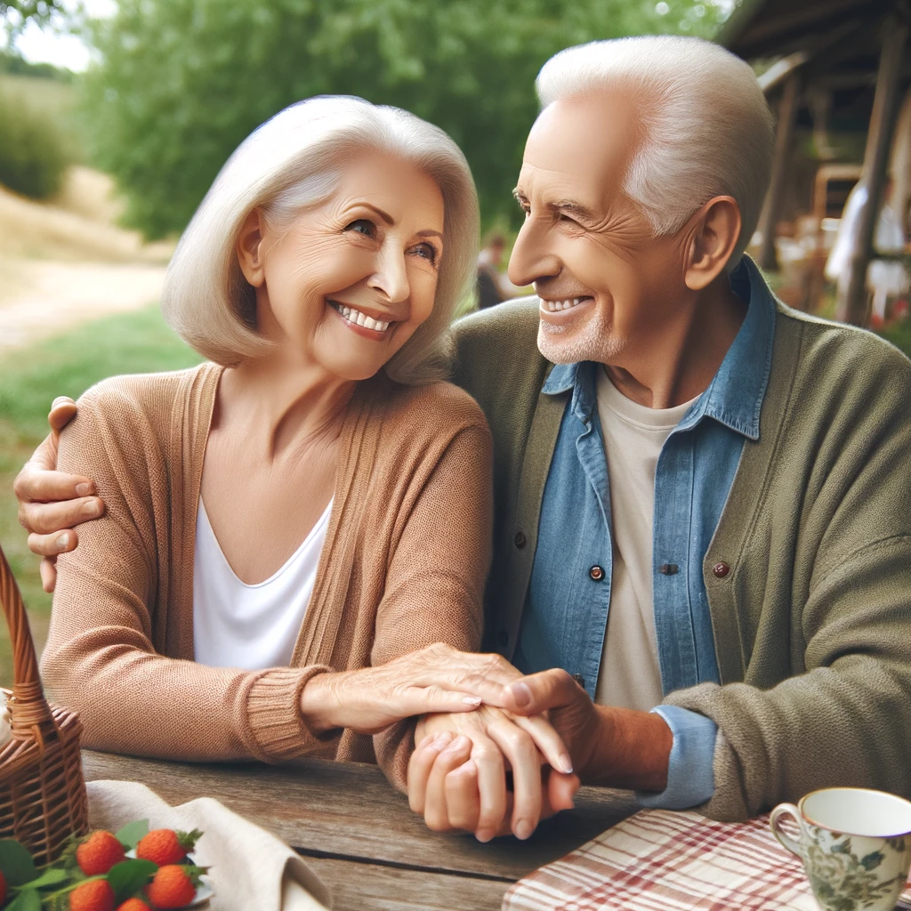 A heartwarming image of an elderly couple enjoying a simple yet romantic date, like walking hand-in-hand in a park, having a picnic, or sharing a meal.