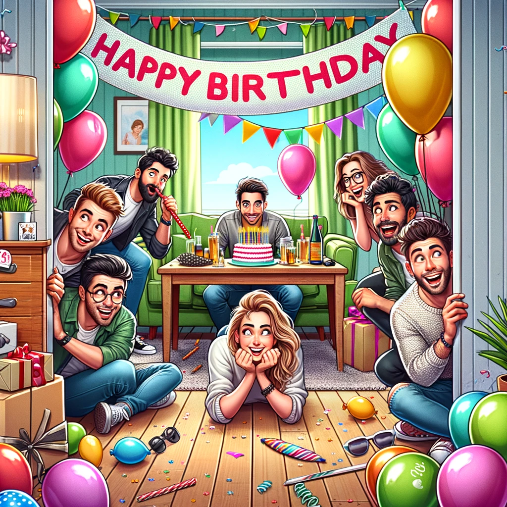 A lively image depicting friends hiding and waiting to surprise the boyfriend at a surprise party.