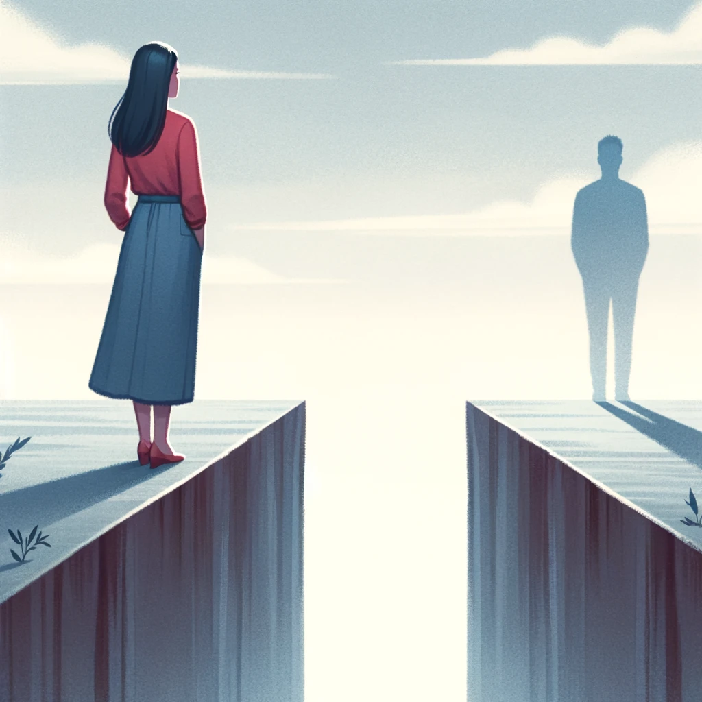 A metaphorical illustration showing a woman standing on one side of a wide gap or bridge, with a shadowy, indistinct figure representing a boyfriend