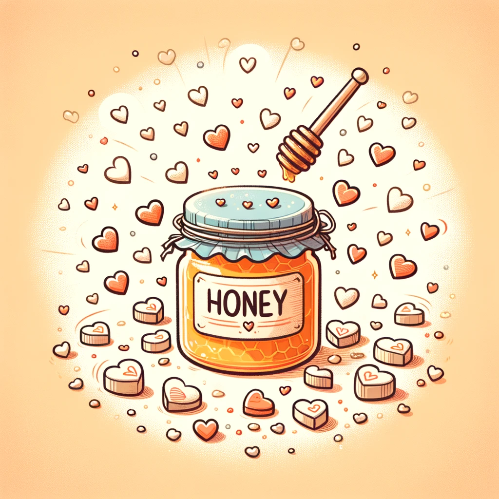 A whimsical illustration of a honey jar surrounded by small, heart-shaped love notes