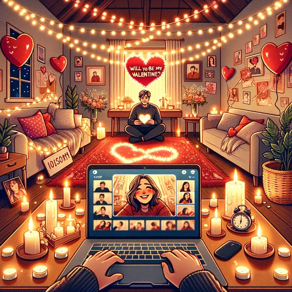 An illustration of a virtual date night setup for a long-distance Valentine's Day proposal.