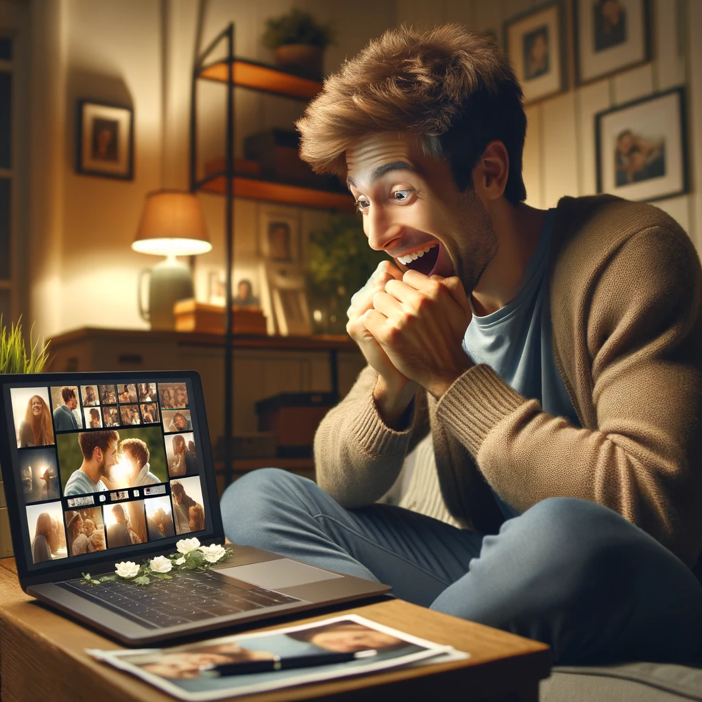 An image depicting a boyfriend watching a video montage or listening to a personalized playlist, showing his emotional reactions.