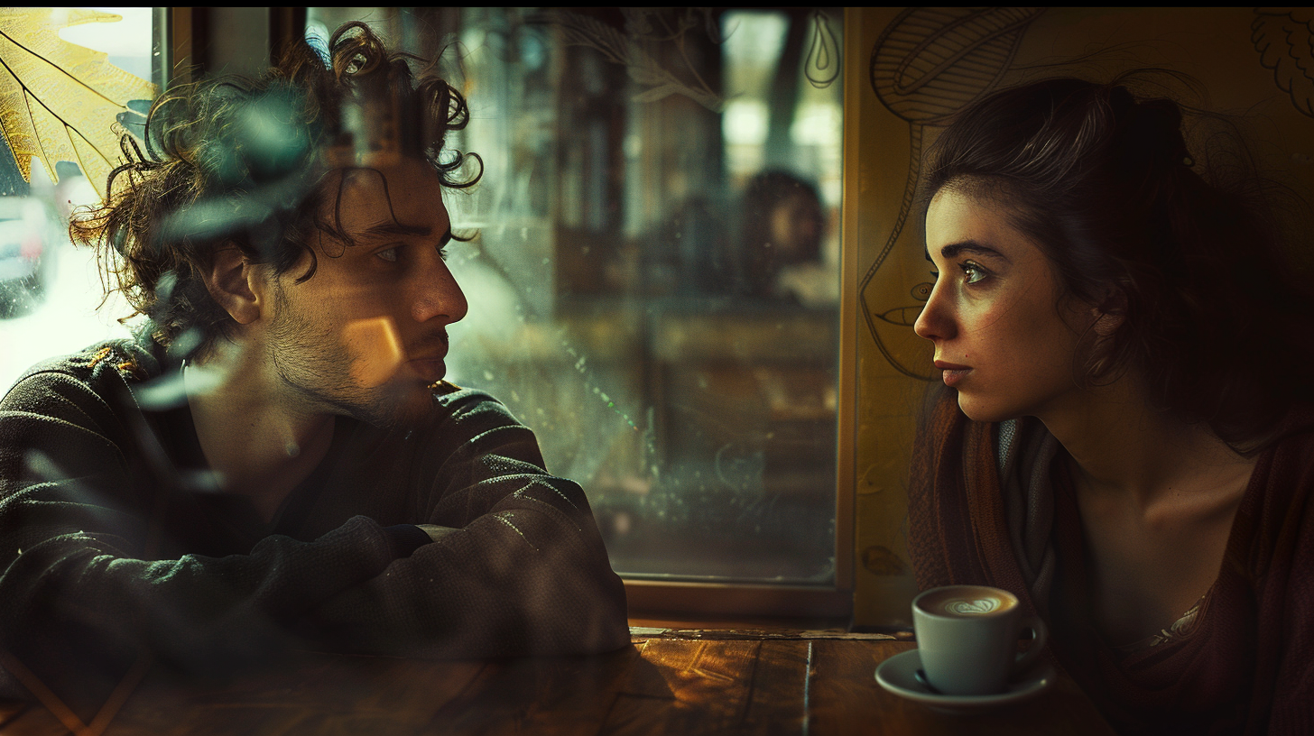 An image featuring two individuals. One, a man with piercing eyes intensely focusing on a woman, who appears deep in thought, oblivious to his gaze.