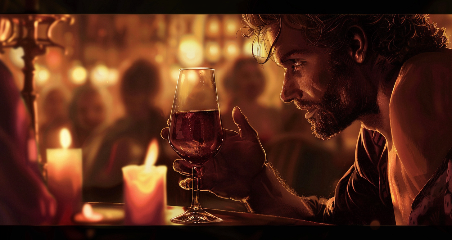 An image of a man intensely gazing at a woman across a candlelit table, his hand gently cradling a wine glass, with soft, romantic, twilight ambiance in the background.