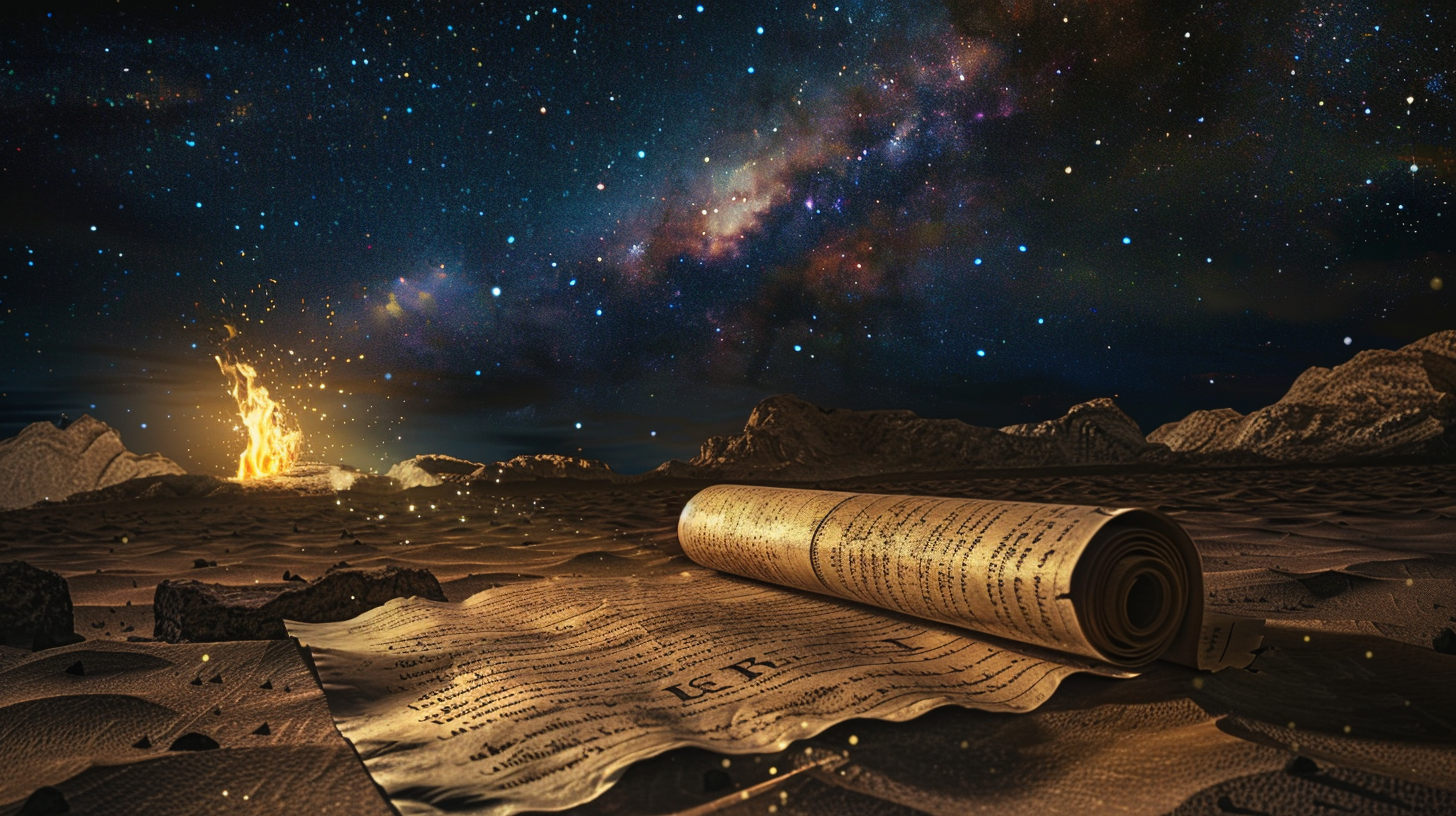 An ancient scroll unrolling to reveal the Ten Commandments, with symbolic olive branches, a burning bush, and the Ark of Covenant in the background under a star-filled desert night sky.