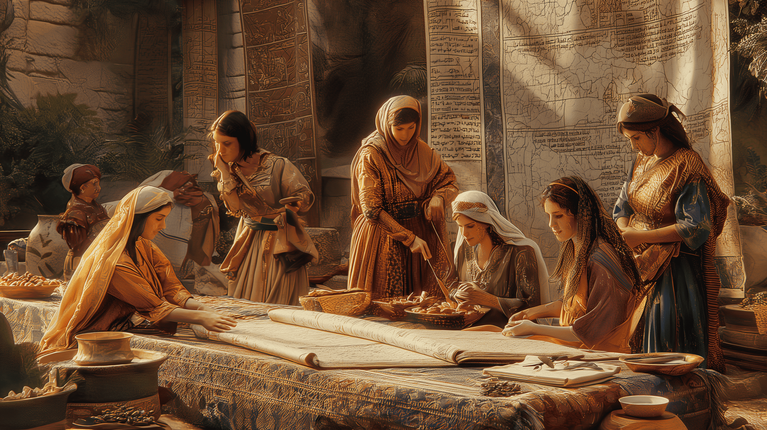 An image depicting various women from the Old Testament, like Esther, Ruth, and Sarah, engaged in diverse activities, in a vibrant, historical setting, with an ancient parchment backdrop.