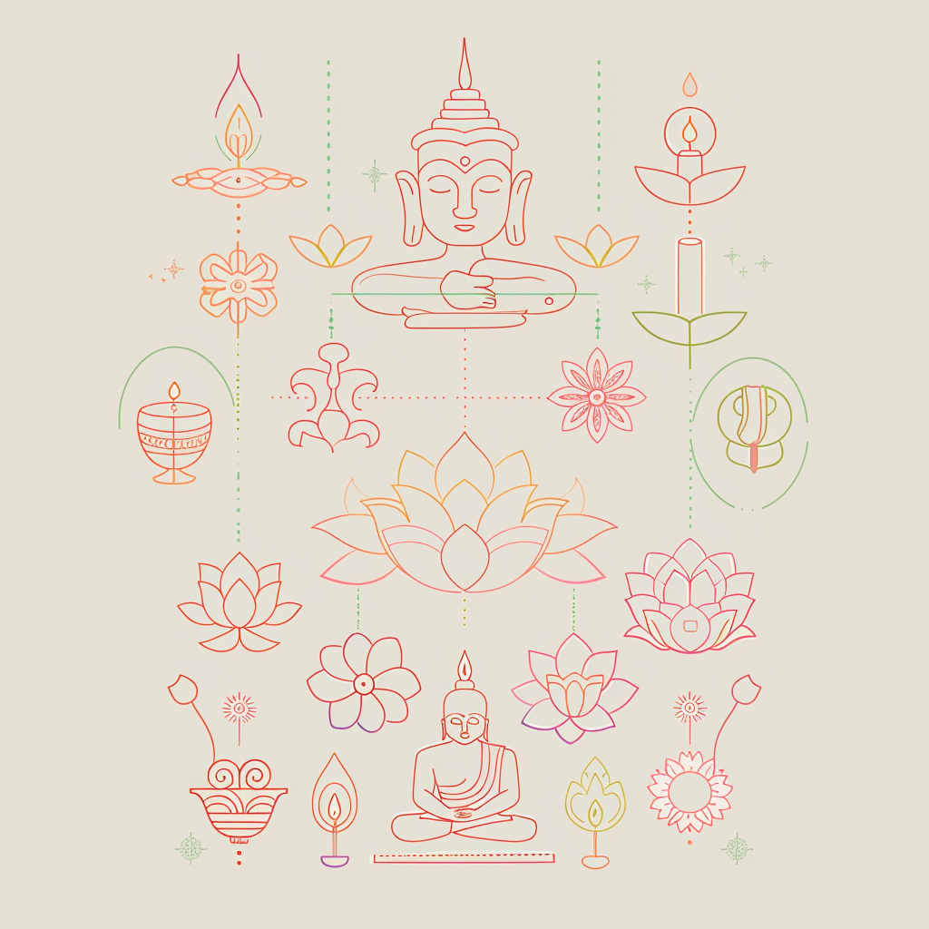 a line drawing of elements and symbols related to the Vesak festival using extremely light pastel shades.