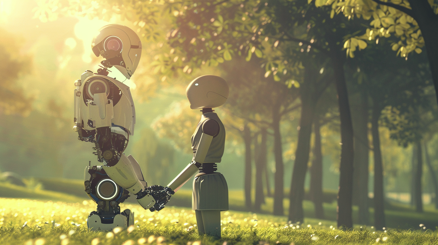 a serene park scene with a realistic humanoid robot holding hands with a human, both gazing into each other's eyes.