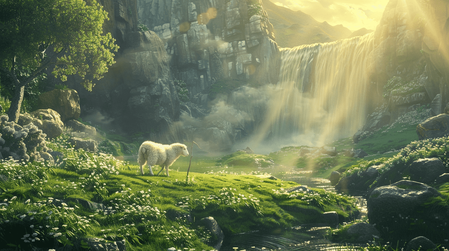 an image featuring a serene green pasture, a peaceful stream, a shepherd's staff, and a white lamb, all under a tranquil light from a divine source.