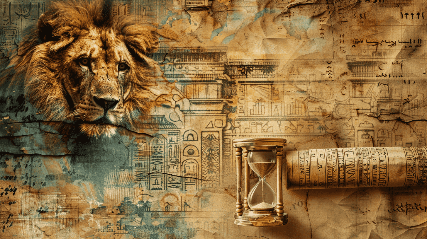 an image featuring a weathered ancient scroll, an hourglass, and a lion, symbolizing prophecy, history, and literature respectively, all against a backdrop of ancient Babylonian architecture