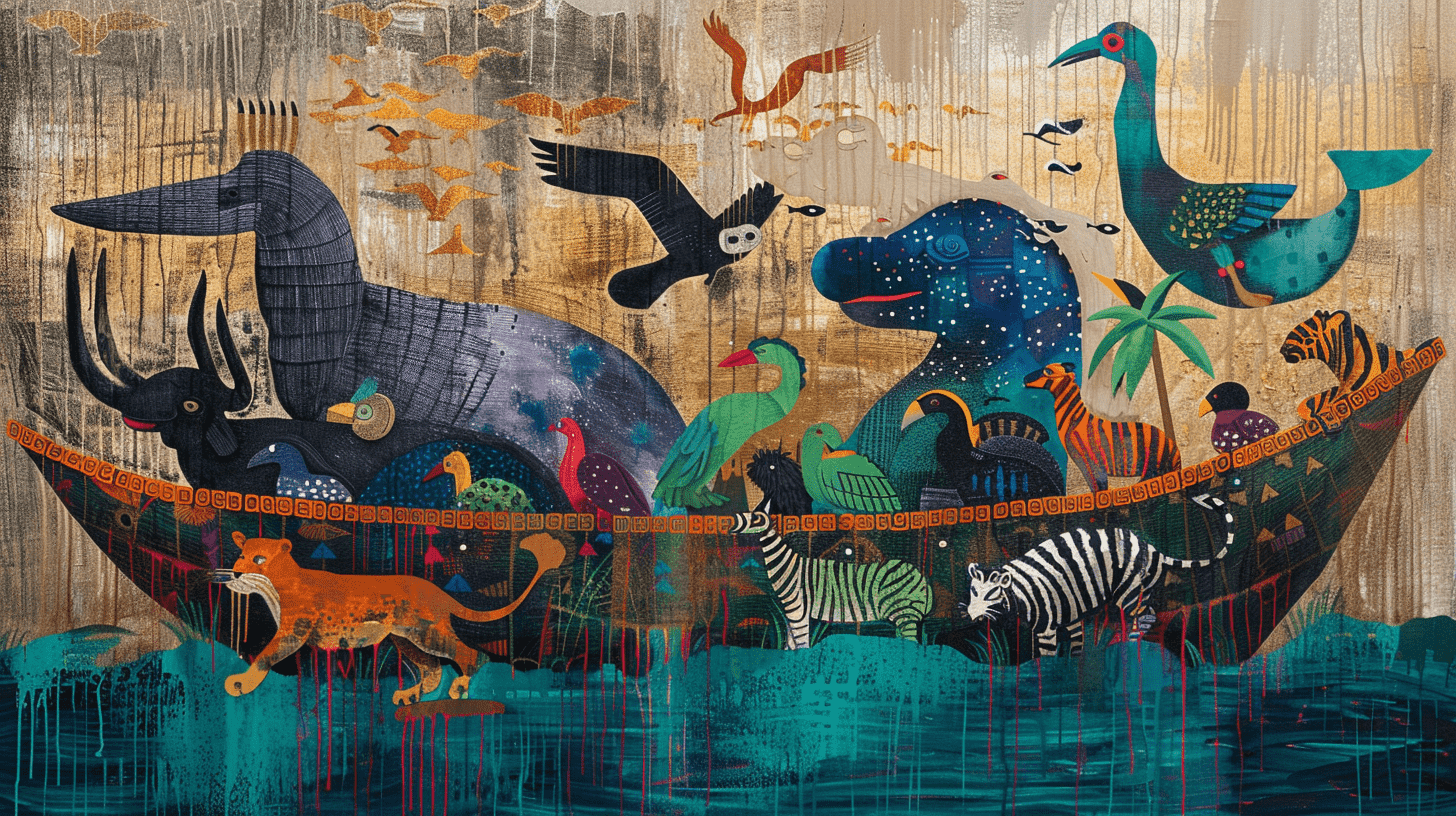 an image of Noah's Ark depicted in various cultural styles - from intricate Chinese brush paintings to bold African tribal art. Show diversity in artistic interpretations.