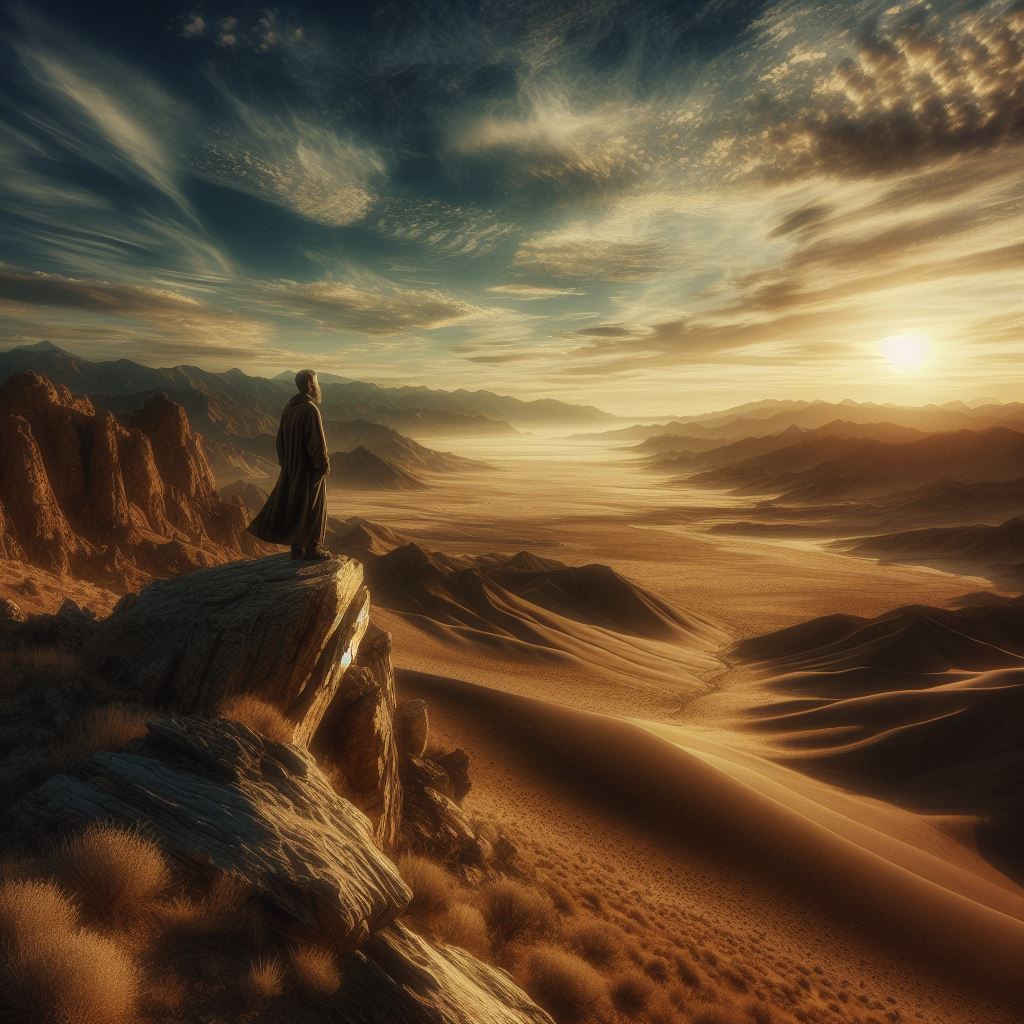 an image of a rugged desert landscape with a solitary figure standing on a rocky outcrop, gazing into the distance with a look of profound wisdom and clarity.