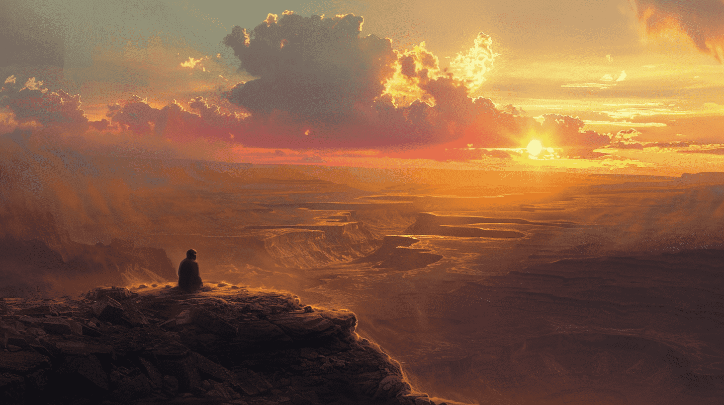 an image of a serene sunrise over a vast desert landscape, with a lone figure contemplating the vastness of the world