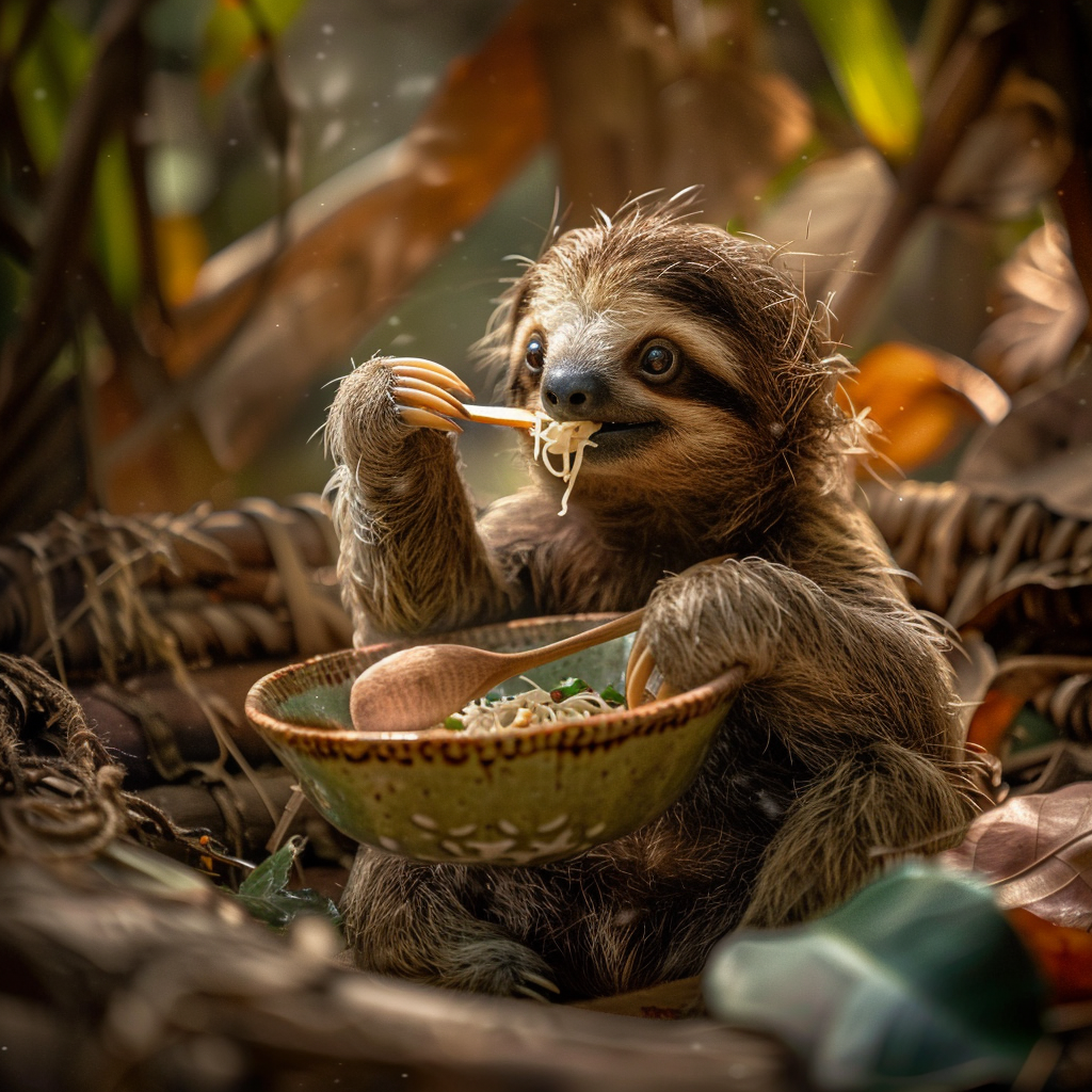 baby sloth eating noodles