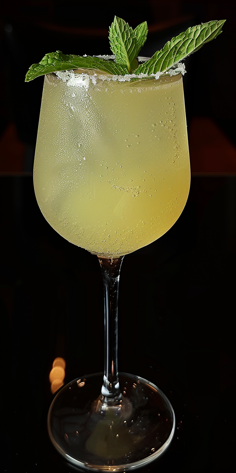 A frozen daiquiri with a mint leave and a black background