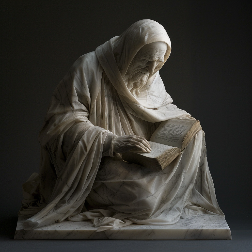 A towering marble statue of an elderly figure, seated in contemplation with their eyes closed and a serene expression.