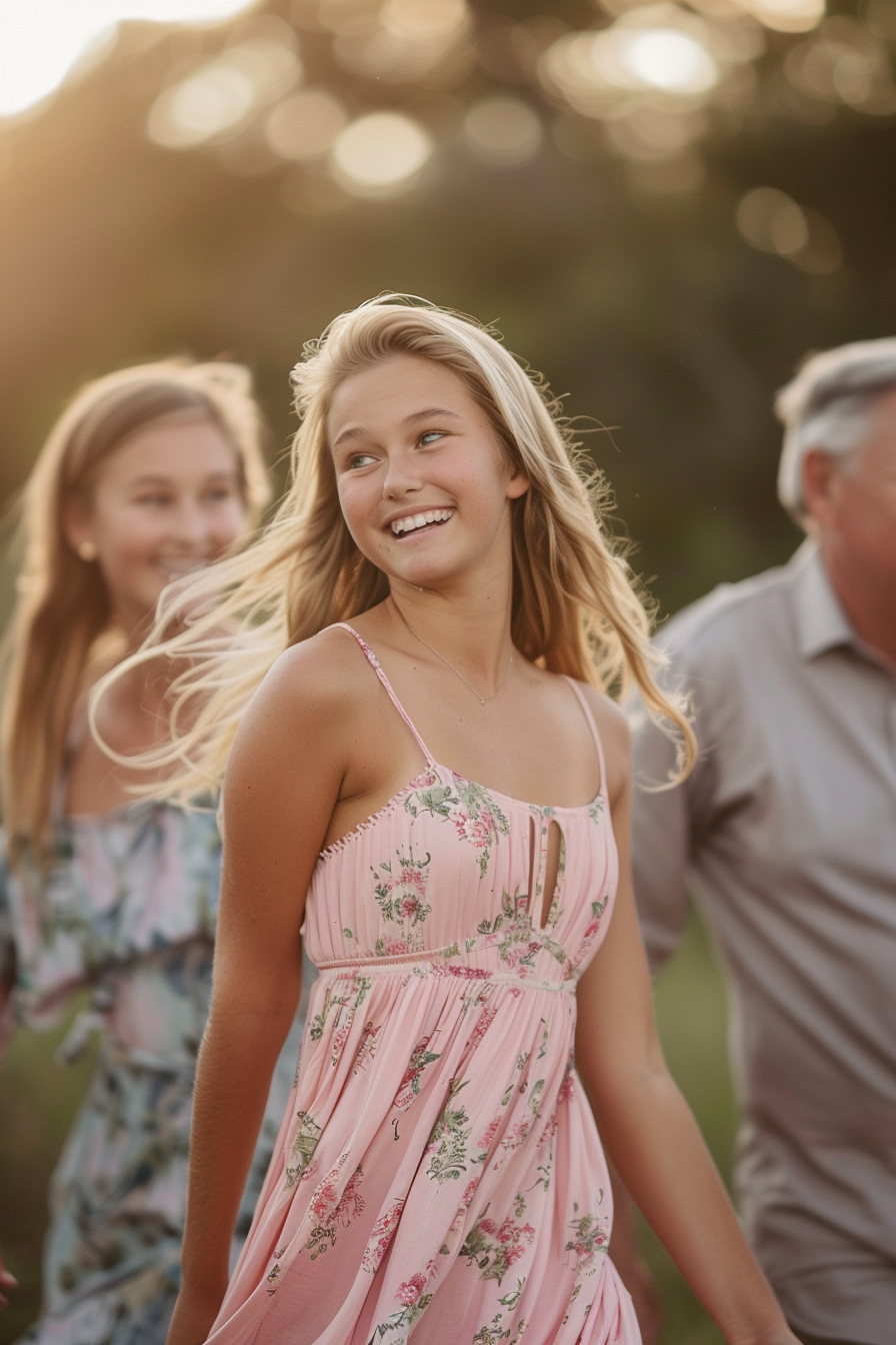 a young blonde colleged-aged Alabaman girl wearing a pink dress, outdoors, twirling, surrounded by her loving parents