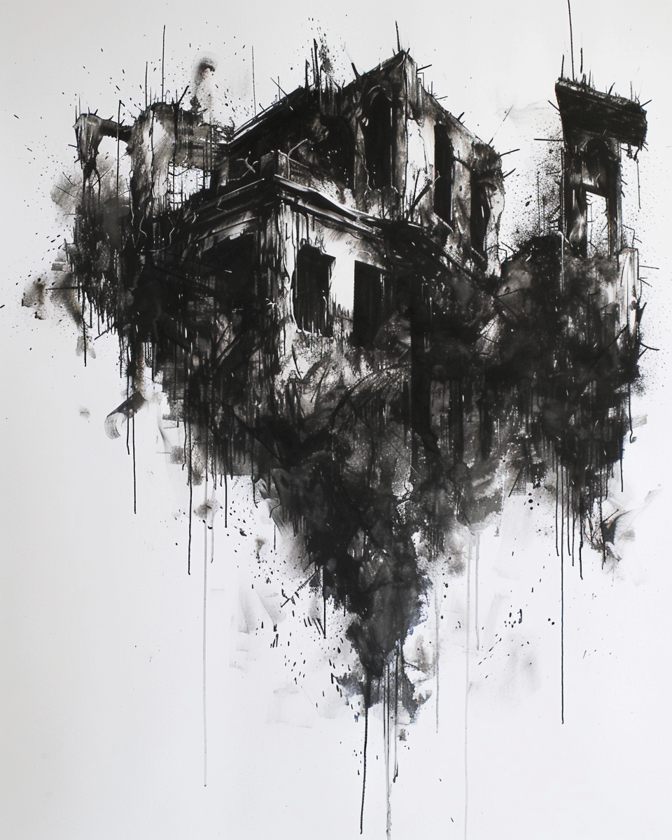 an illustration of a hollow dead space, lifeless and empty, amorpheous and left behind, ink and charcoal, black and white on white paper