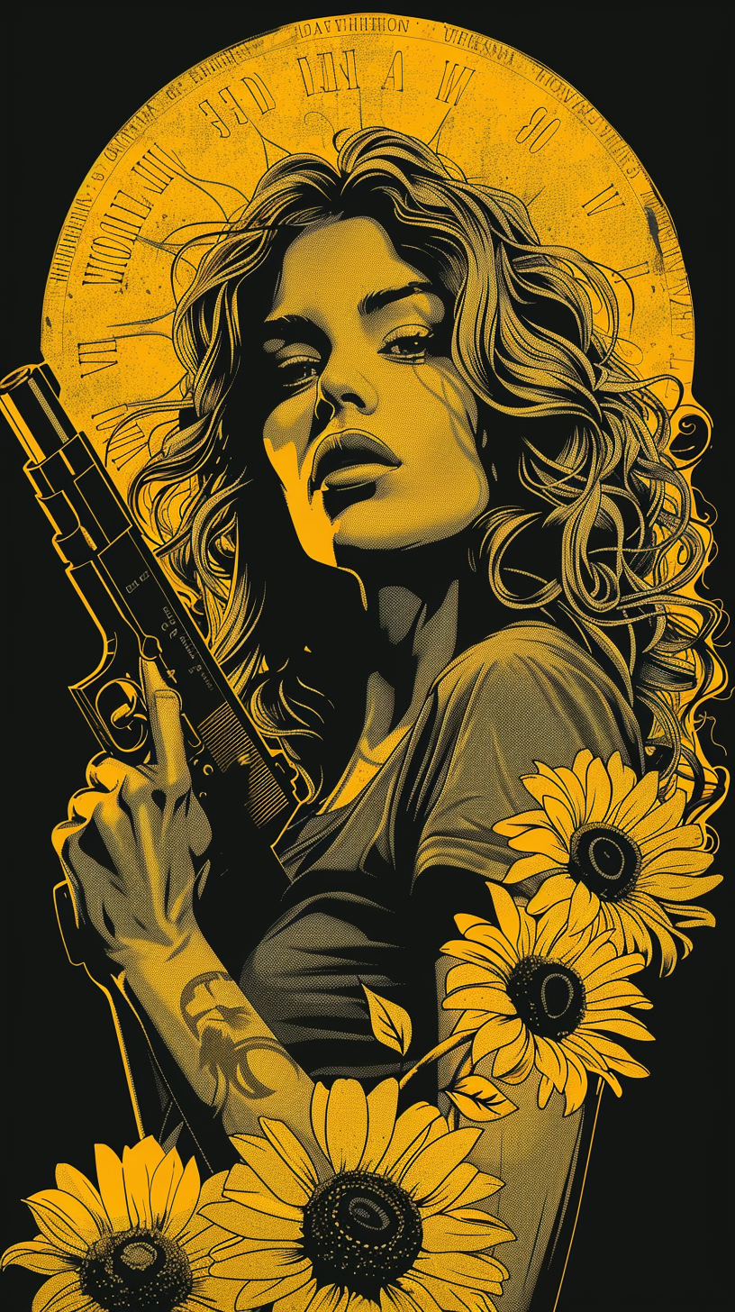 illustration, police girl with gun curly hair and t-shirt , tarot card, sun flower, yellow and black , black background