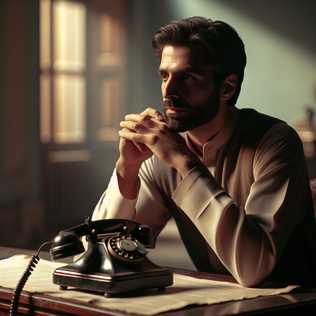 image of a guy sitting in front of analog telephone, waiting expression