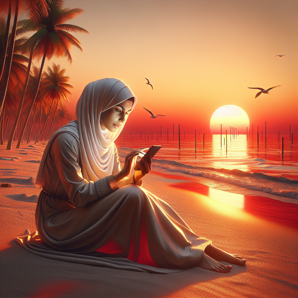 image of a woman texting on her phone by sea beach during sunset