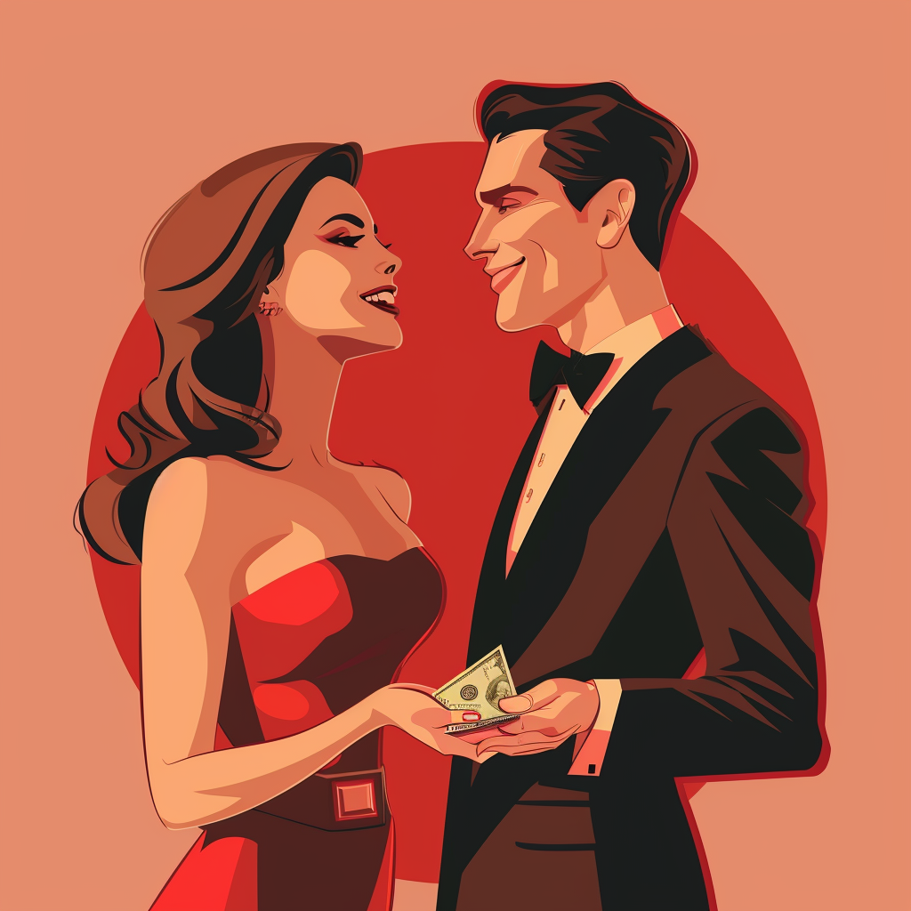 image of a sexy woman giving money to a man, man is grinning