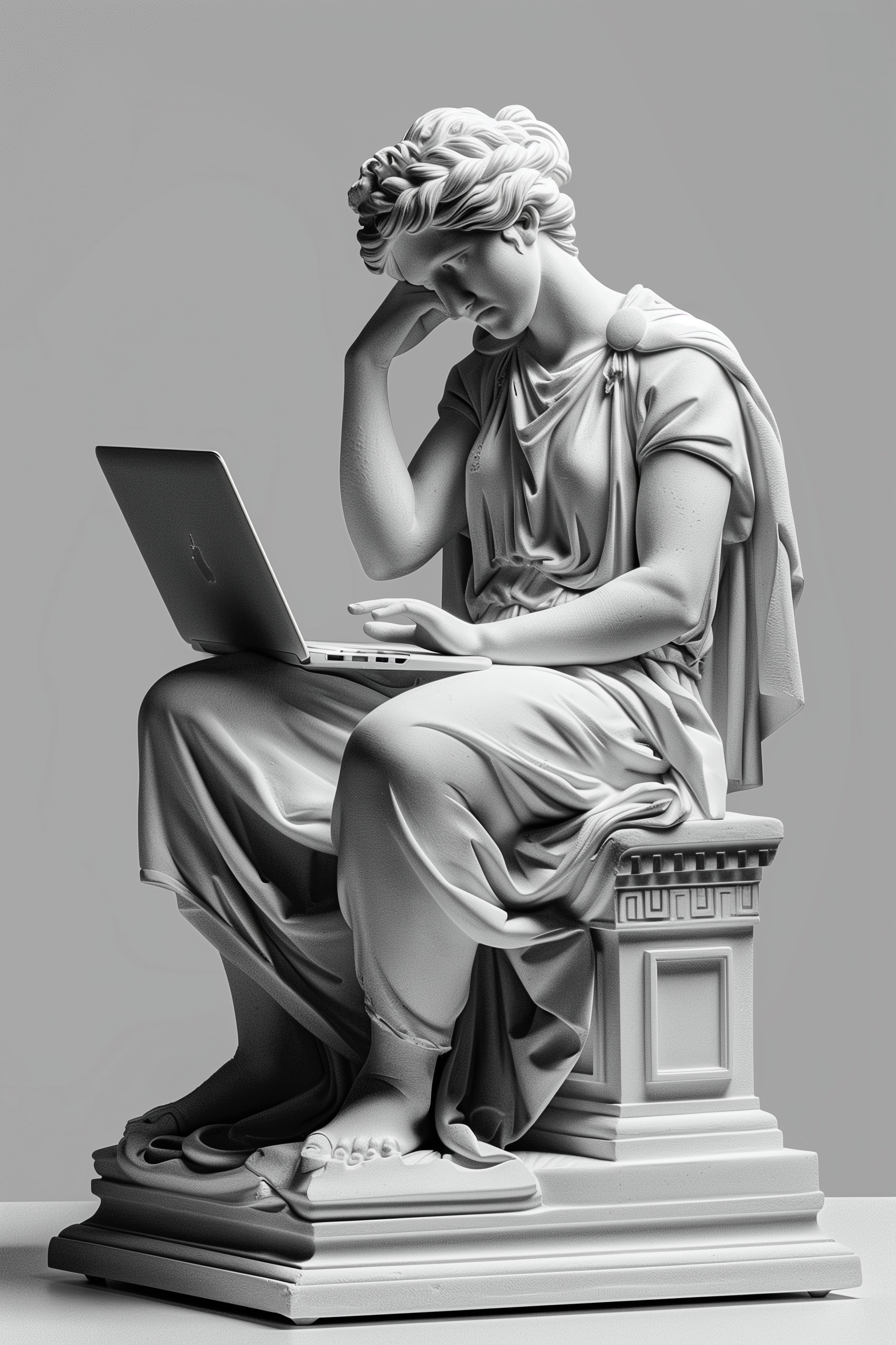 suffering profile of a Greek female philosopher, Using a MacBook Sitting on desk , full body plaster statue , black and white, Isolated on white background