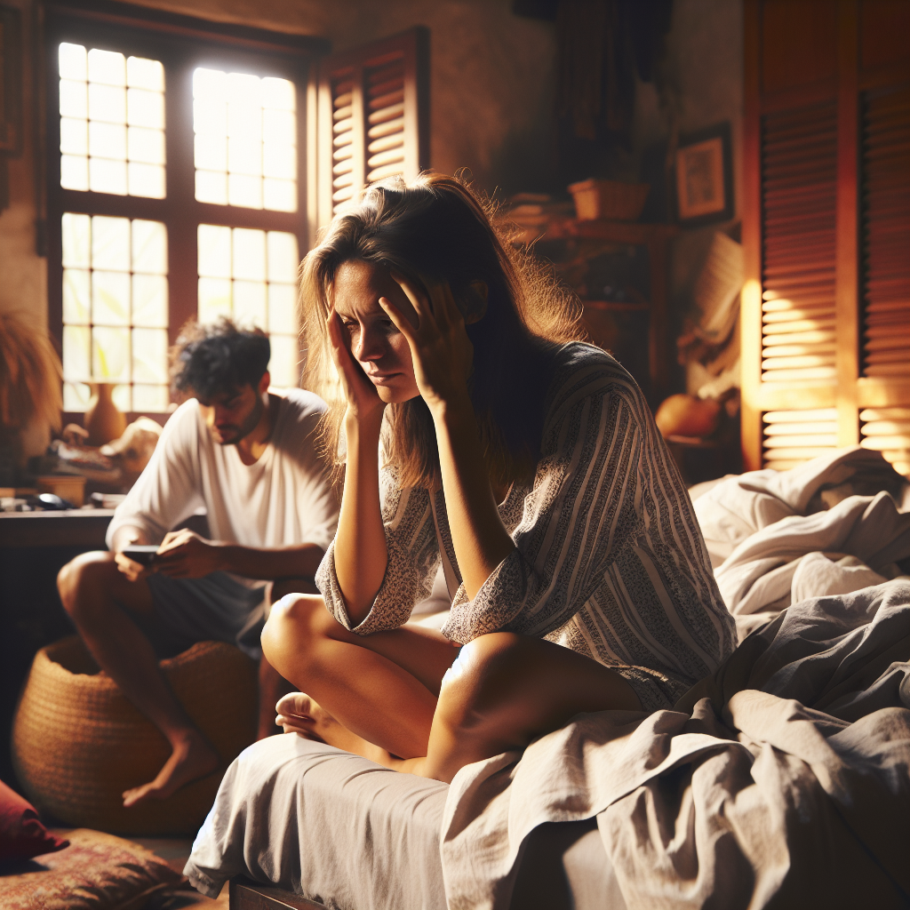 Camera: High-resolution digital SLR camera,
Angle: Three-quarter length shot, angled slightly down to capture the subject's exasperation,
Lighting: Warm, natural lighting filtering in through a window, creating soft shadows and highlights,
Setting: Cozy, lived-in bedroom, with rumpled bedsheets and personal items visible, 
Subject: A young woman, early-to-mid 20s, sitting on the edge of the bed, head in her hands, expression conveying a mixture of frustration, confusion, and exhaustion, with her boyfriend in the background, a young man, also in his 20s, sitting on the floor playing a video game,

The scene should evoke a sense of the woman's inner turmoil. The contrasting body language and emotional states of the two subjects should create a palpable tension, highlighting the disconnect in their relationship.