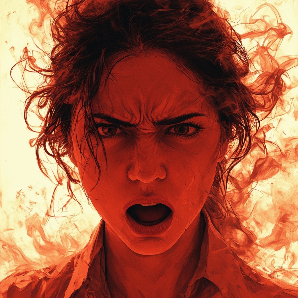 An image of a woman in the throes of intense anger. Her face should be flushed red, capturing the raw emotion of her fury, with thick, dark smoke visibly oozing out of her ears and curling upwards in a surreal, exaggerated manner. Her eyes are wide open, eyebrows furrowed in a deep, intense frown, and her lips are either tightly pressed together or slightly open, showing clenched teeth. Her hair is slightly disheveled, possibly blown back by the force of the smoke, with strands sticking out, adding to the chaotic feel of the image. The background can be a simple gradient or abstract pattern to emphasize her emotions, or a more detailed environment like a home or office with objects slightly askew to complement the scene. Use dramatic lighting to highlight her face and the smoke, with shadows adding depth and intensity to her expression, and consider a warm, reddish hue to match her flushed face and the fiery nature of her anger. She is dressed in everyday attire, such as a blouse or a casual top, with slight wrinkles or tension in the fabric indicating her physical state of anger. Small details like clenched fists, tense shoulders, or even a slightly arched back can enhance the overall impression of anger, and optional subtle background elements like a tipped-over chair or scattered papers can hint at the cause of her fury.