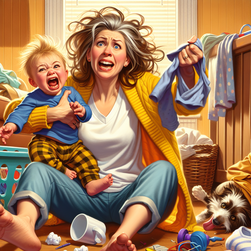 A vibrant, comedic portrait of an overwhelmed mother, one hand holding a squirming, giggling toddler while the other reaches desperately for a mug of coffee. The mother's expression is a mix of exasperation and adoration, her hair slightly disheveled as if she's been through the ringer. The toddler is wide-eyed and playful, tugging at the mother's shirt or pulling her hair, creating a sense of joyful chaos.

The composition is slightly off-kilter, with the mother and child taking up the majority of the frame, surrounded by a cluttered but cozy domestic setting - toys scattered on the floor, a laundry basket tipping over, maybe even a family pet weaving between their legs. The color palette is warm and saturated, with highlights of primary colors from the toys adding pops of playfulness. Overall, the scene captures the challenging but rewarding reality of motherhood with a touch of humor and heart.