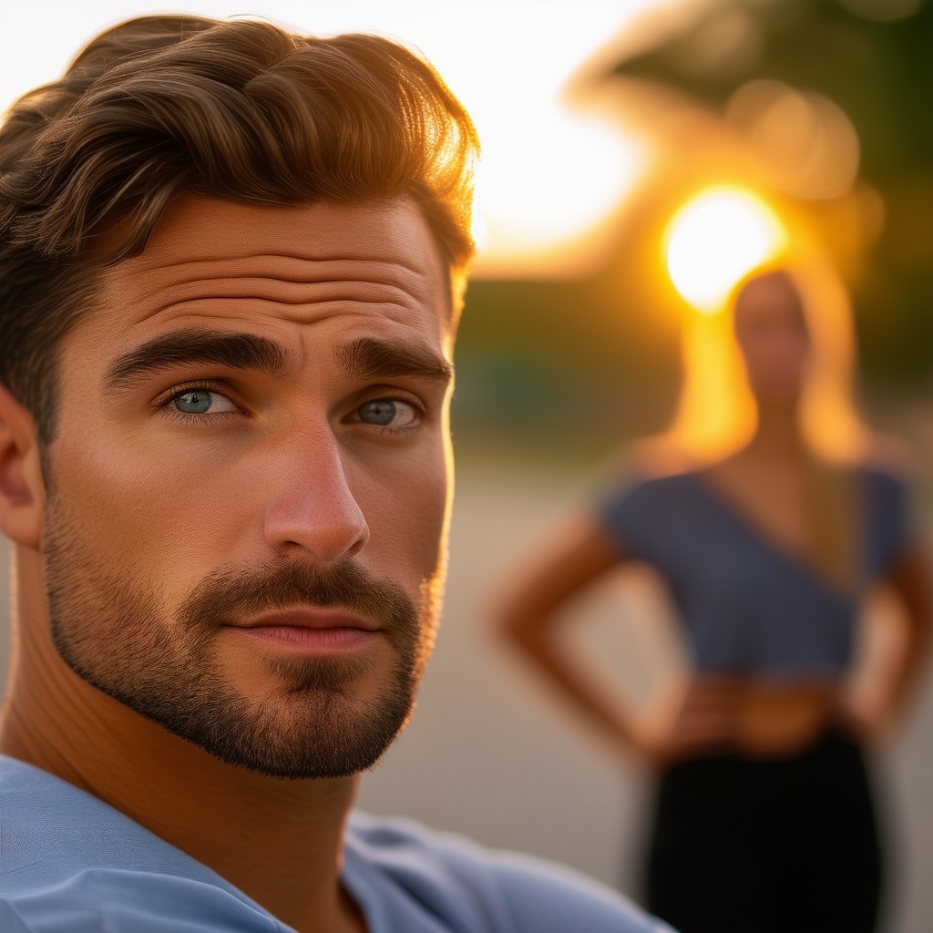 photorealistic image of a man raising his eyebrow, doubtful expression, a woman standing in background, hands on hips, Bokeh, Golden Hour, Nikon D750, Brenizer Method, F/22, Full-HD, Natural Lighting