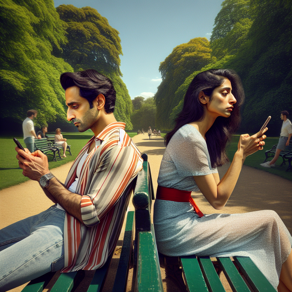 A couple sits on a park bench, capturing the essence of emotional distance. The boyfriend, dressed in casual attire, is engrossed in his smartphone, his posture slightly hunched and his attention entirely absorbed by the screen. Beside him, the girlfriend sits with a contrasting demeanor, her body slightly turned towards him, her expression a mix of sadness and longing. She wears a light, flowing dress that hints at a warm, sunny day. The background features lush green trees and a serene, sunlit park, with a few people in the distance enjoying their day. The overall mood should convey a sense of disconnect and emotional isolation despite the beautiful surroundings.