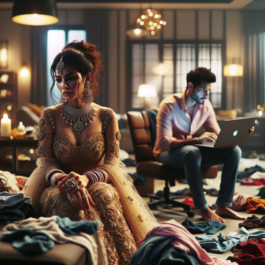 photorealistic image of woman standing in a beautiful gown and jewelry, frustrated expression, man looking the other way, busy with laptop, the woman looks at the man, household, messy room, clothes