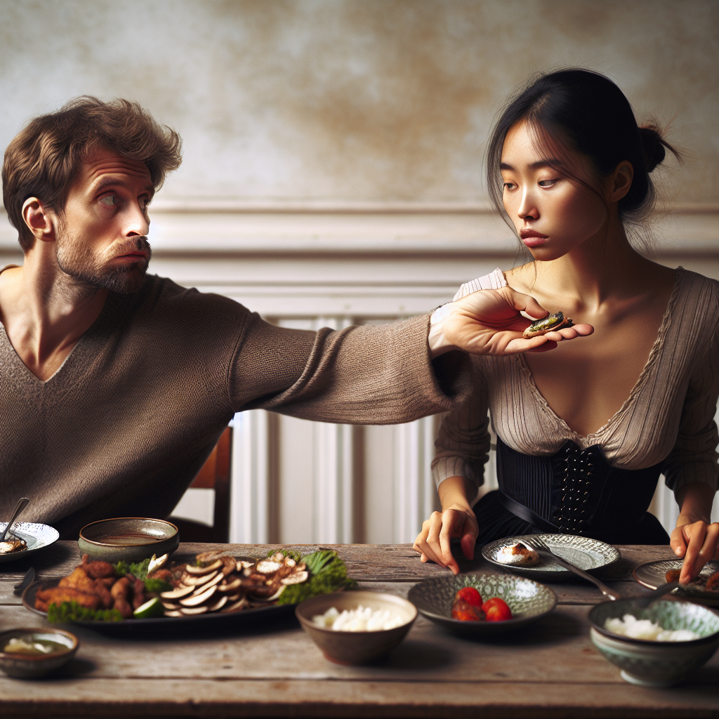 A couple sitting at a dinner table, with the man reaching for food on the woman's plate, her face showing frustration