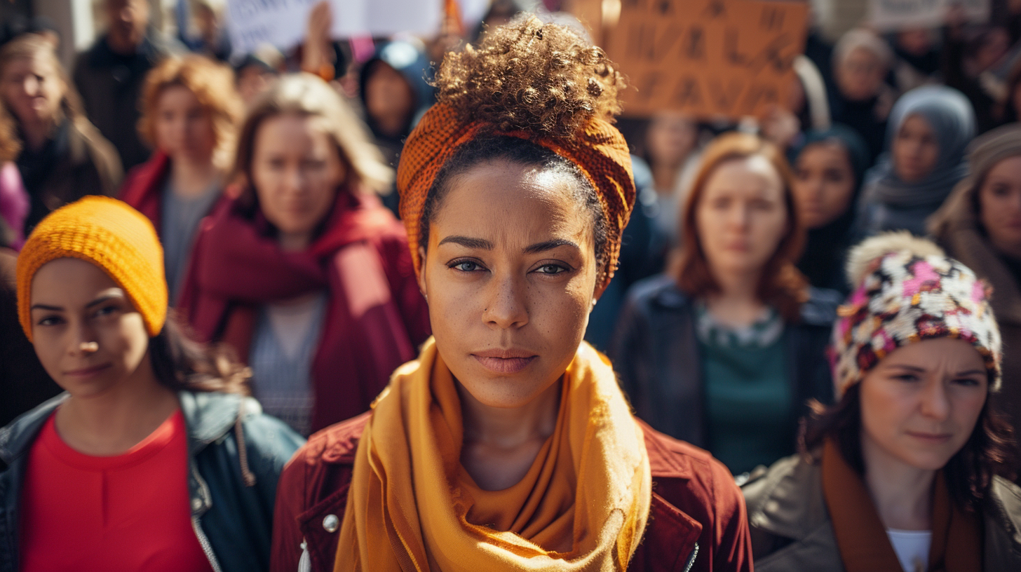 A diverse group of women from different backgrounds standing shoulder to shoulder with determined expressions.