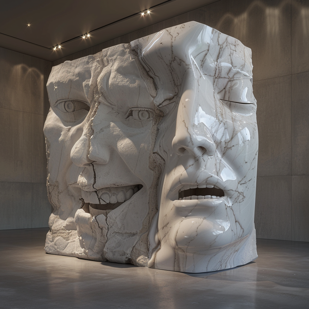 A large-scale marble sculpture of two faces back-to-back one smiling the other weeping representing the duality in a cheating relationship.