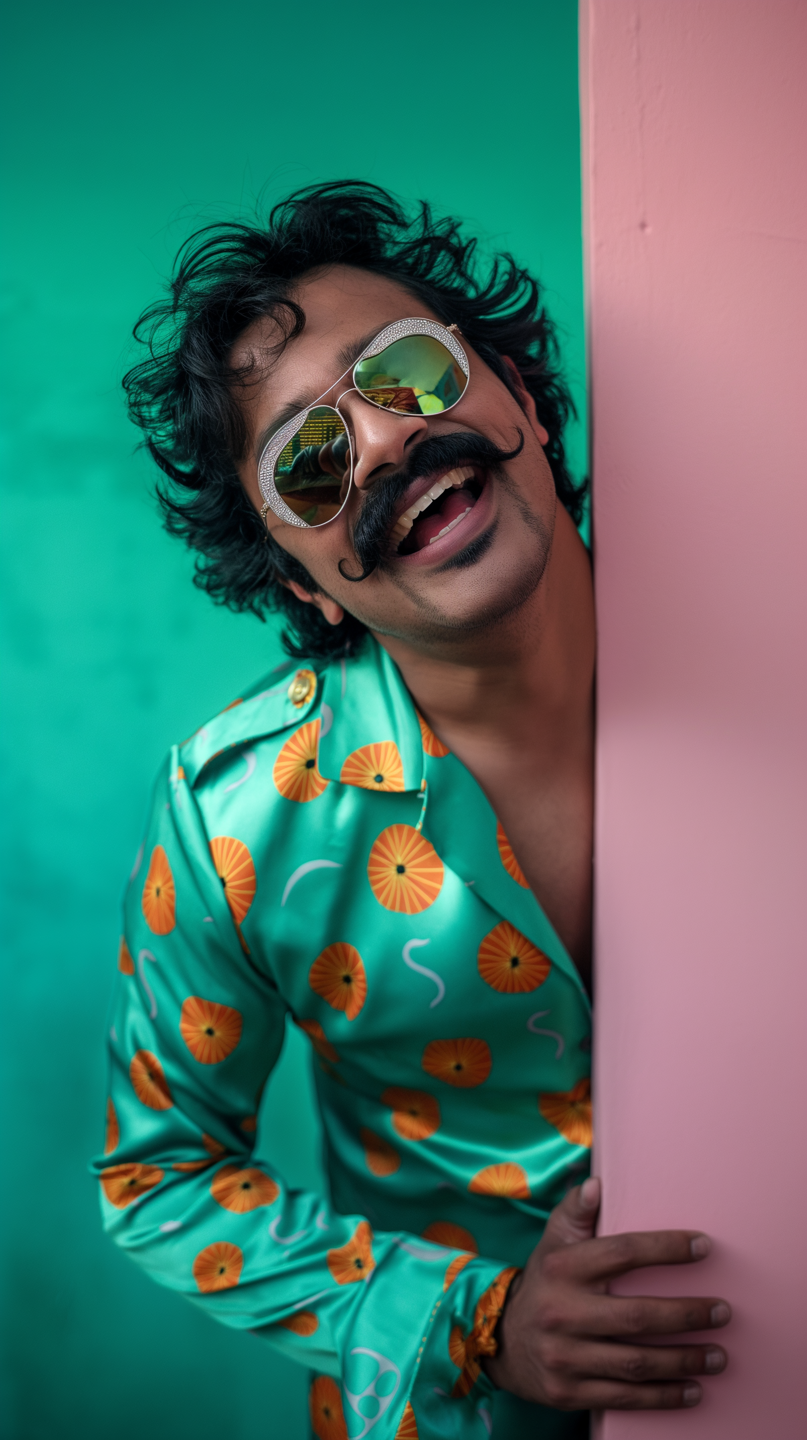 A professional photo shoot of Indian man in a Sea green disco color shirt and disco outfit, with black hair and a mustache wearing aviator.