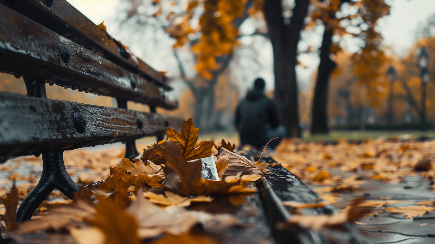 A solitary figure sitting on a park bench, shoulders slumped, holding a crumpled photograph. Autumn leaves scatter around their feet, symbolizing the end of a relationship.